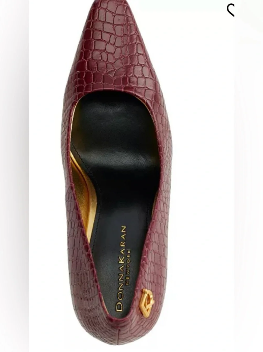 Donna Karan Burgundy Croc-Embossed Pointed Pump with Gold Heel⭐️